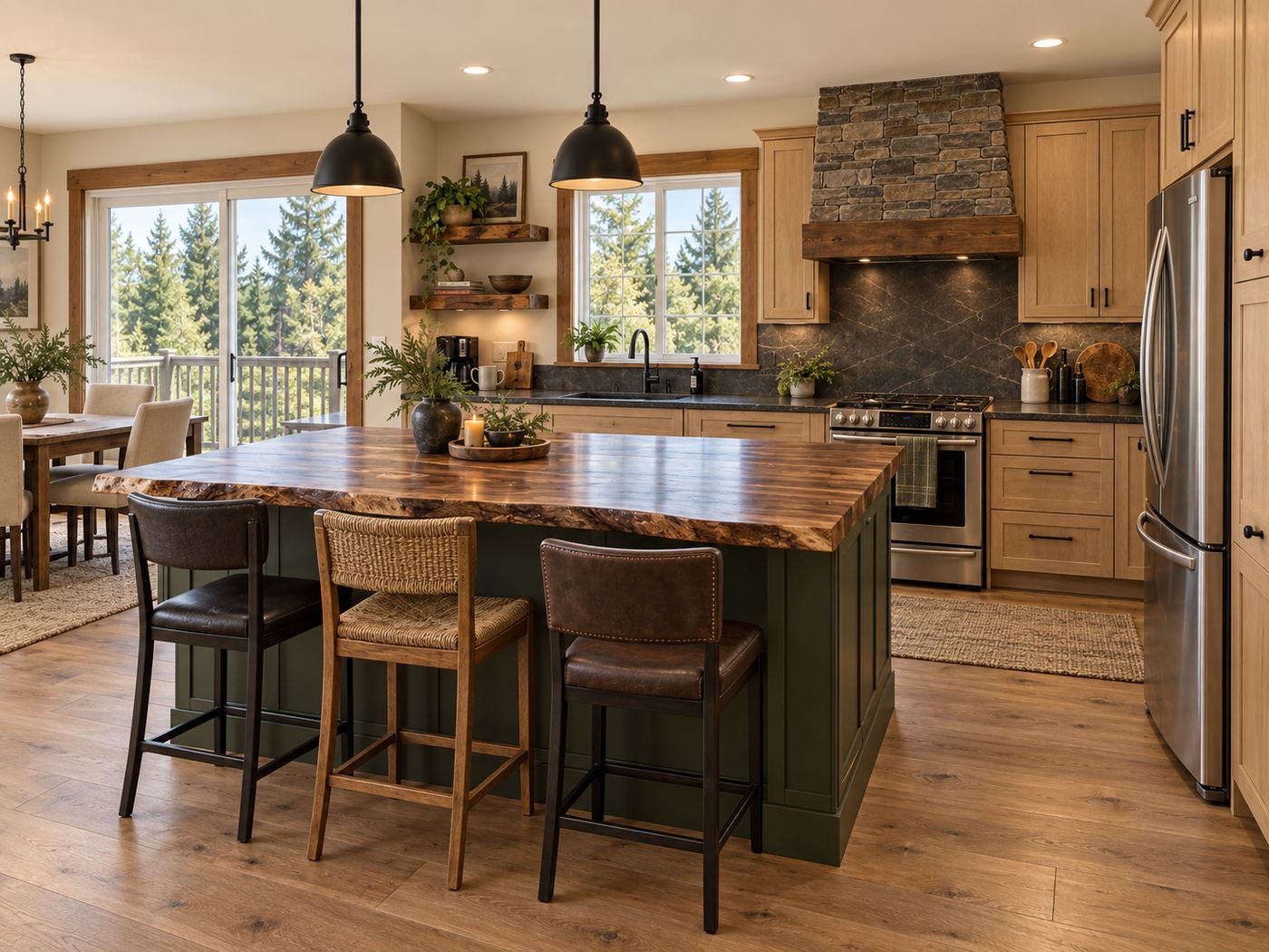 Kitchen with green island and live-edge counter, Edgewood