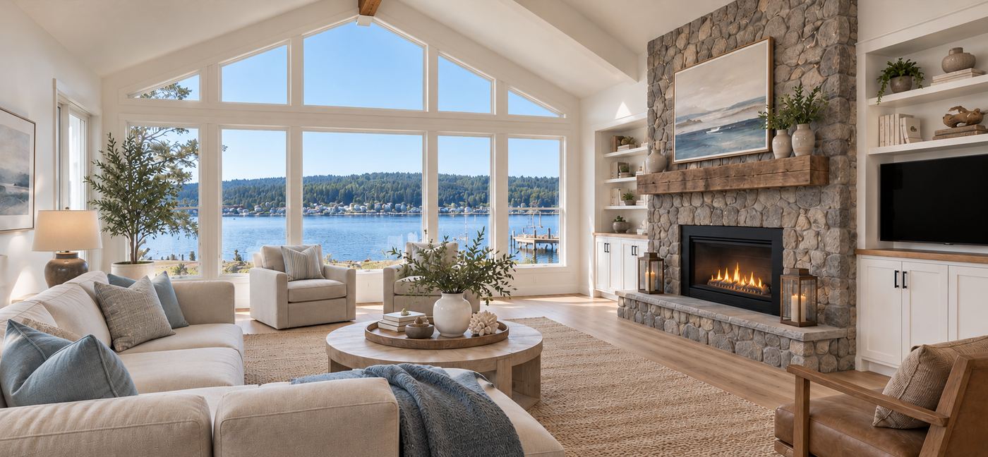 Remodeled living room with stone fireplace and a view of Puget Sound, Fox Island