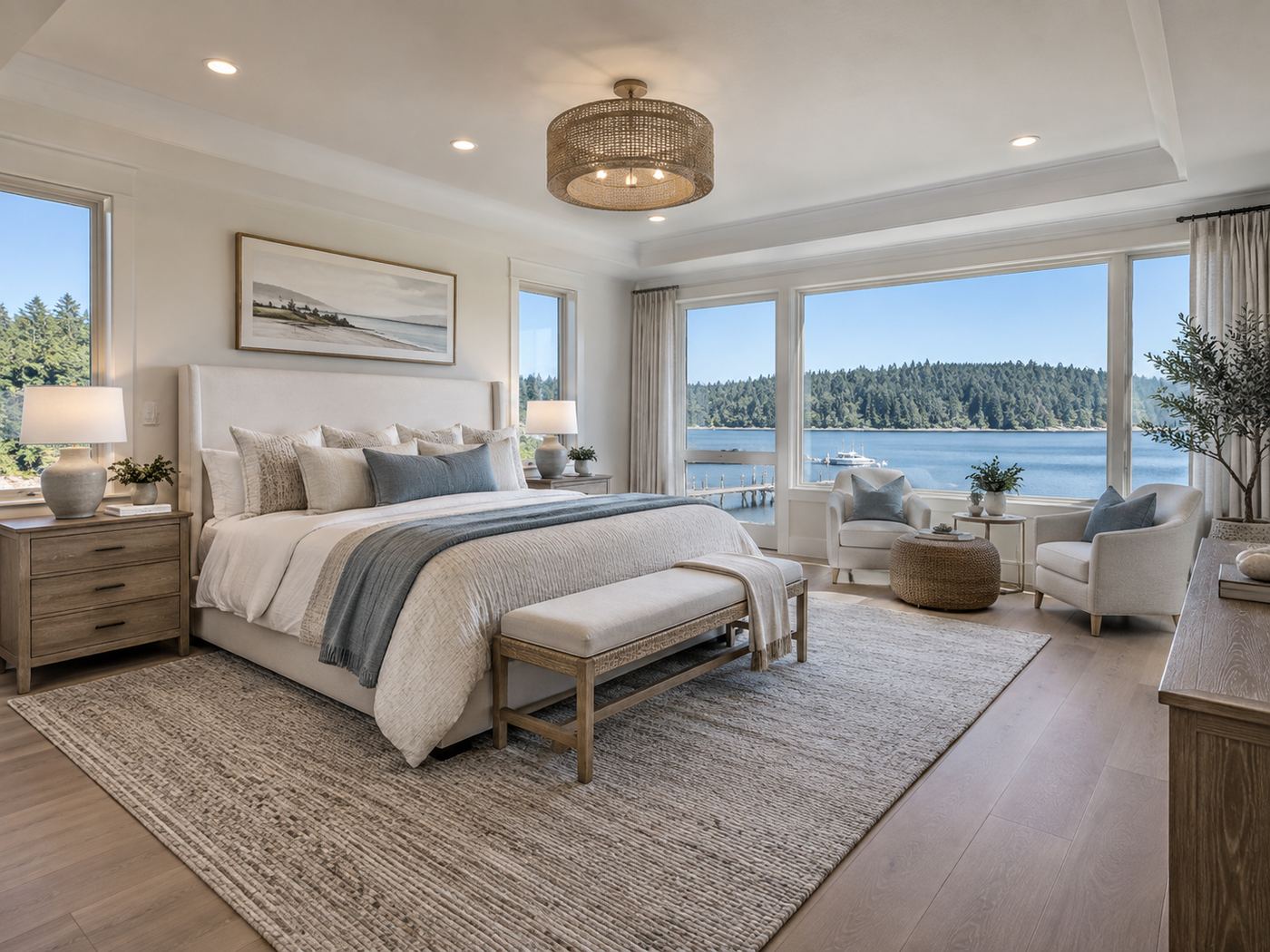 Primary bedroom after remodel, Fox Island Coastal Home