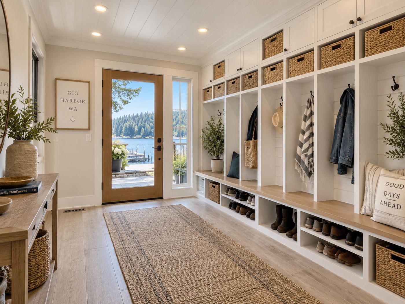 Mudroom after remodel, Fox Island Coastal Home