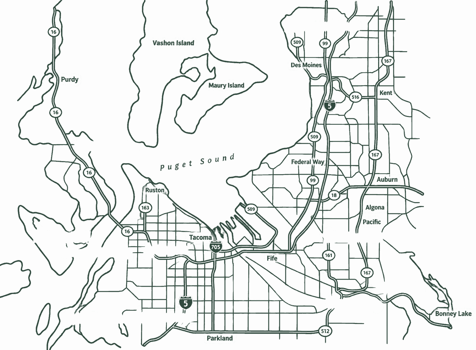 Line map of the South Puget Sound between Gig Harbor, Normandy Park, and Sumner